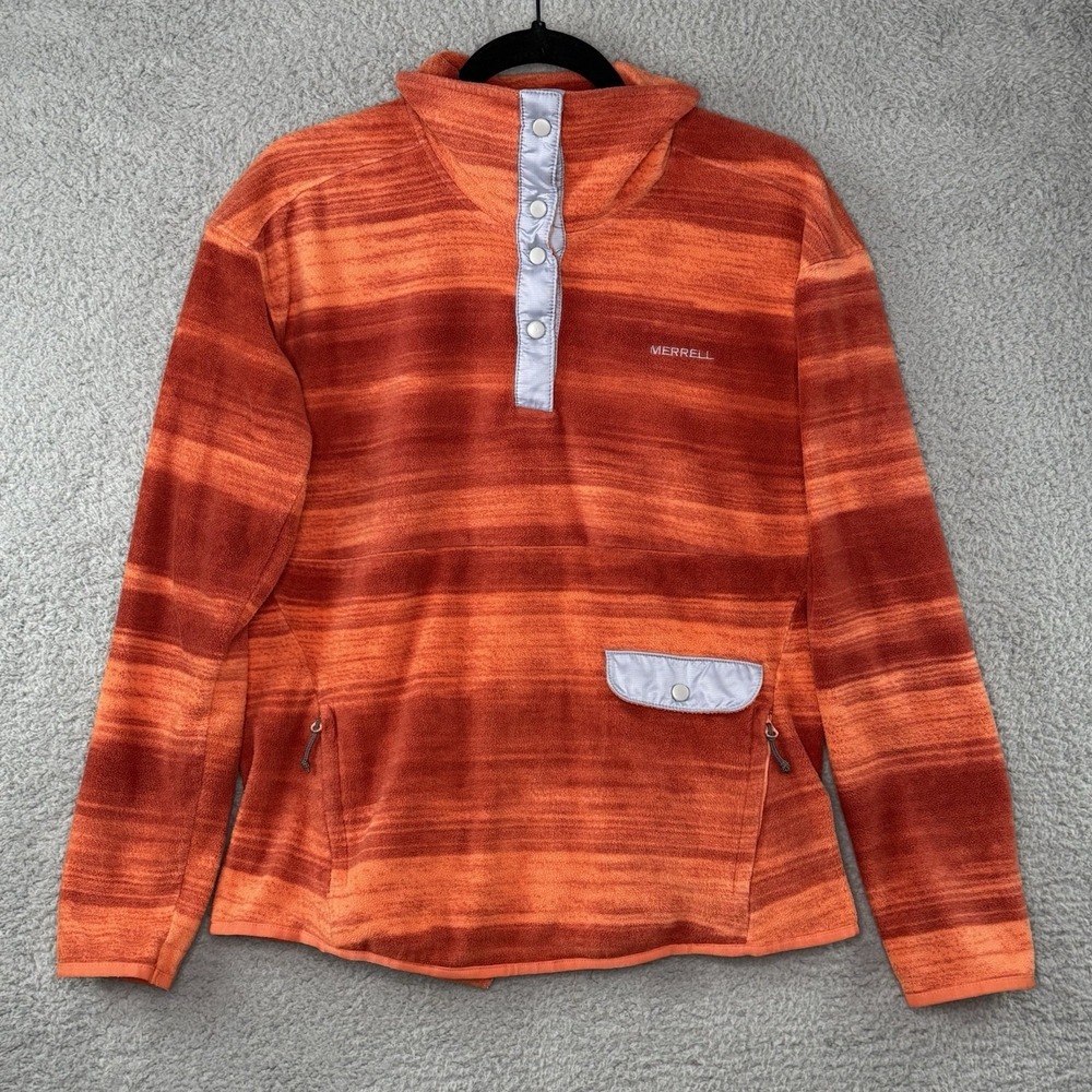 Merrell Women's Emery Fleece Pullover Sweatshirt Medium Orange 1/4 Snap Pockets